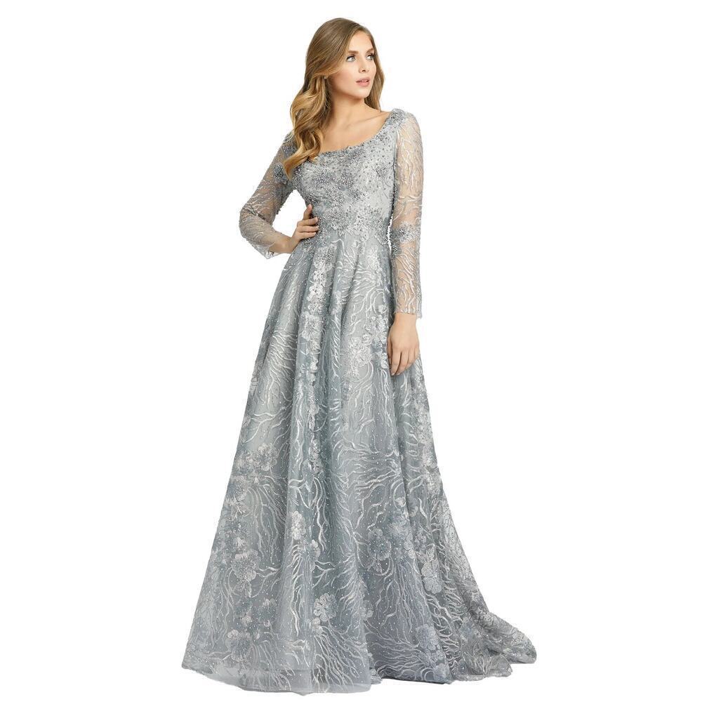 Mac Duggal Jewel Encrusted Long Sleeve Square Neck Gown Dove Grey Size 8 NWT